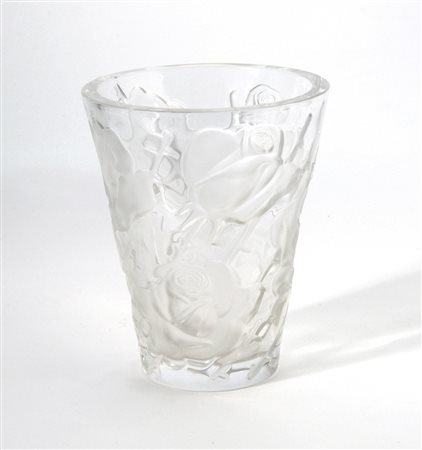 Lalique Vaso troncoconico in vetro trasparente con motivo a rose formate a...