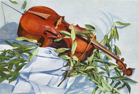 MAURO CHESSA (1933)Violoncello e foglie, 1990Olio su telacm 70x100Firma e...