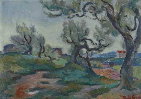 RAFFAELE DE GRADA (1885-1957)Ulivi in Toscana, 1951Olio su tavolacm...