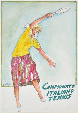 Bacci Giuseppe Campionato Italiano Tennis tempera e tecnica mista su carta,...