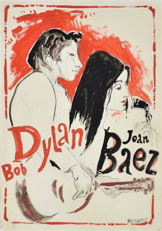 Bacci Giuseppe Bob Dilan e Joan Baez per rivista musicale tempera e tecnica...