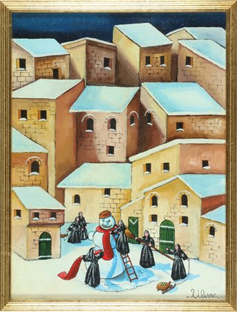 ULISSE (n. 1957) La sciarpa rossa. Olio su tavola. Cm 30,00 x 40,00. Firma in...