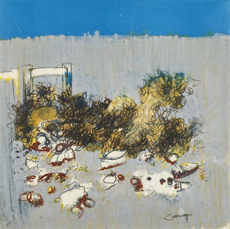 GIANCARLO CAZZANIGA (1930-2013)Natura morta con sedia, 1966Tecnica mista su...