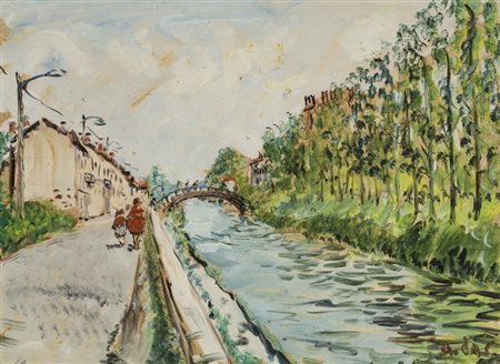 ALDO DETTO DA CORTIANA COLOMBO (1908-?)Naviglio a BoffaloraOlio su telacm...