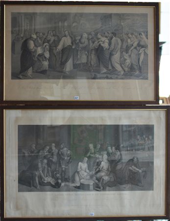 Lotto di due grandi incisioni del secolo XIX dalle opere di Tiziano e Pierin...