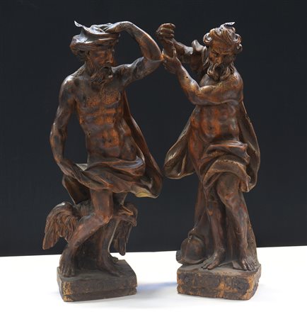 Scultore del secolo XVII "Giove" e "Ercole" due sculture in legno (h cm...