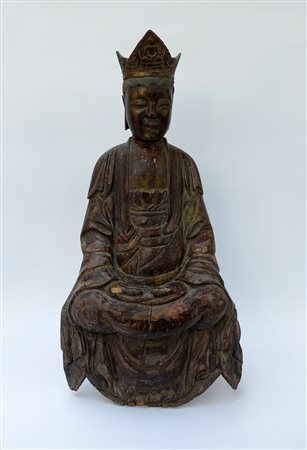 Manifattura cinese Scultura raffigurante Guanyin in legno e lacca con...