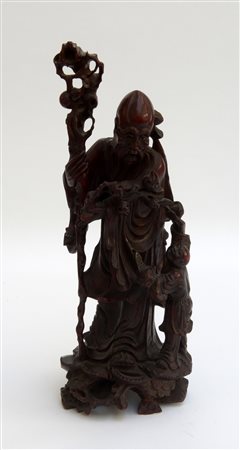 Scultura in legno raffigurante Shoulao con fanciullo (difetti) Cina, sec. XX...