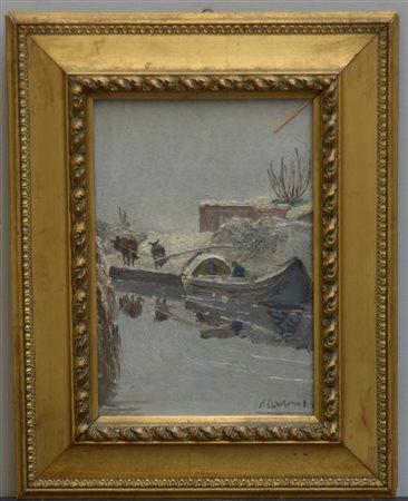 Angiolo Alebardi (Seriate 1883 - Bergamo 1969) "Naviglio" olio su compensato...