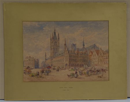 Conrad H. R. Carelli (1869 - 1956) "Cloth Hall, Ypres, June 1914" acquerello...