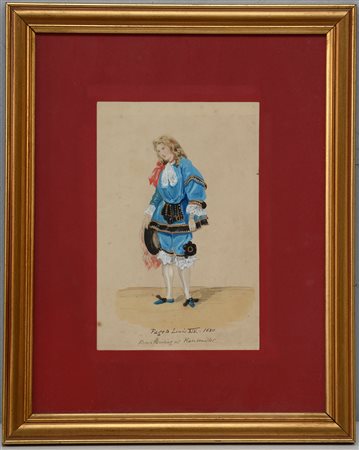 Acquerello raffigurante un costume maschile in epoca Luigi XIV (cm 21,5x14)...