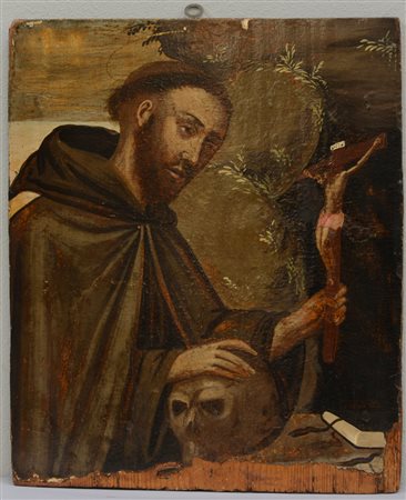 Scuola del XVII secolo "San Francesco in preghiera" olio su tavola (cm...