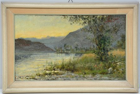 Nina Galli "Paesaggio lacustre al tramonto" olio su tela (cm 30x50) firmato e...