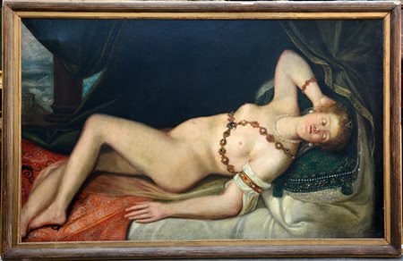 Firma indecifrata, "Nudo femminile sdraiato" olio su tela (cm 95x153) firmato...