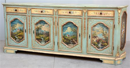 Credenza laccata a fondo verde a quattro cassetti dipinti in policromia a...