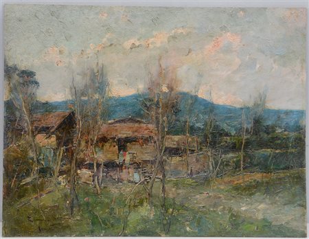 Romolo Leone "Paesaggio con cascina" olio su tavola (cm 34x45) firmato e...