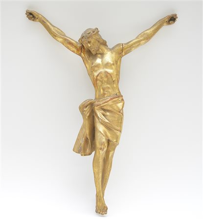 Scultura in legno dorato raffigurante Cristo crocifisso (h cm 52) (difetti)