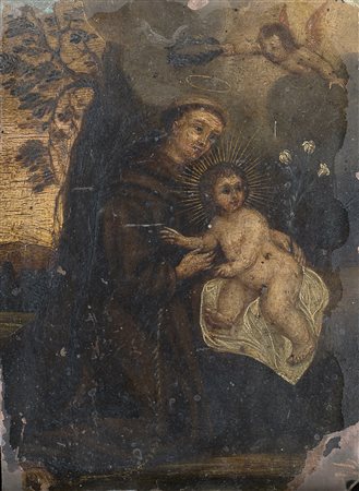 Scuola del secolo XVII Sant'Antonio con Gesù Bambino olio su rame cm 16x12...