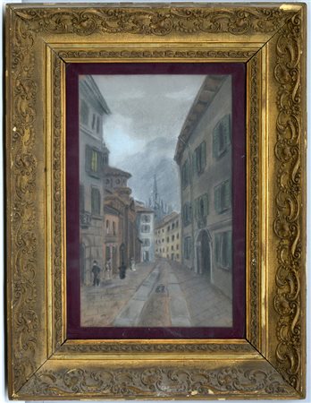 Ignoto, "Contrada di Milano" tecnica mista su cartone (cm 41x27,5) in cornice