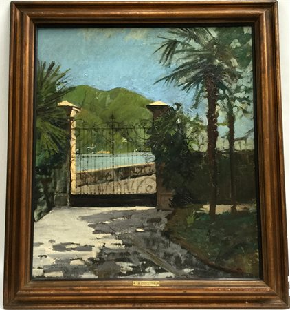 Ignoto, ''Ingresso di villa con scorcio di lago'' olio su tela (cm 80x71) in...