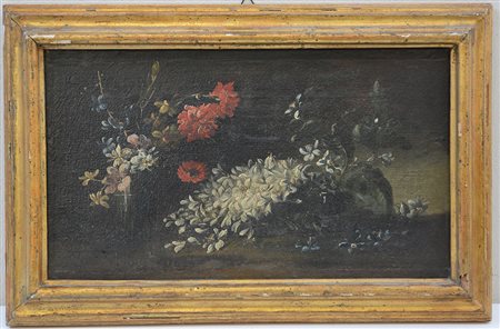 Antico dipinto raffigurante natura morta con fiori, olio su tela(cm 27x42)in...