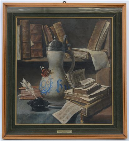 Ignoto, "Natura morta con libri e brocca" olio su tela (cm 56,5x51) in...