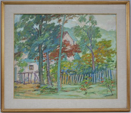 Firma indecifrata, "Scorcio di giardino con villa" olio su tela (cm 54x65)...