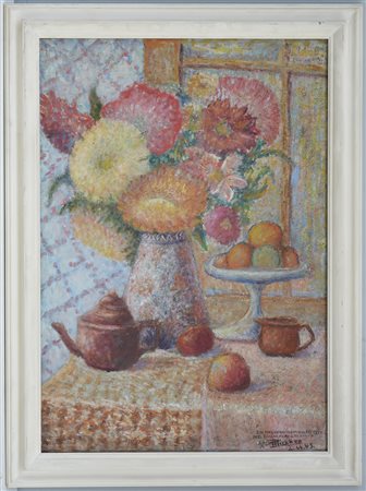 Artista francese, "Natura morta con fiori e frutta" olio su tela (cm 70x50)...