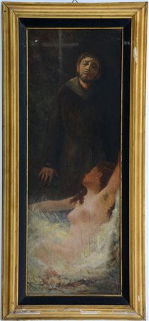 Ignoto, "Nudo di donna e monaco" olio su tavola (cm 79x27,5) iscritto al...