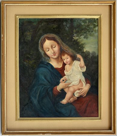 Ignoto, "Madonna con Bambino" olio su cartone telato (cm 61x50) in cornice...