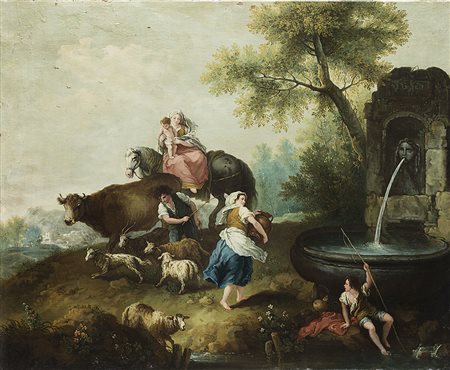 Seguace di Francesco Zuccarelli "Pastori e donne alla fontana" olio su tela...