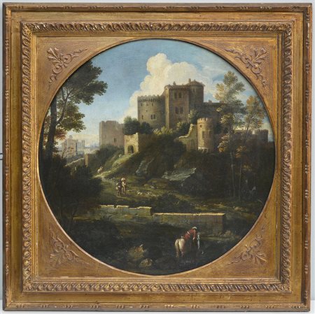 Ignoto "Paesaggio con castello e viandante" olio su tela (cm 58,5x58,5) in...