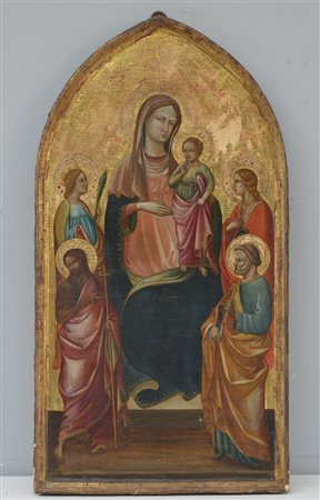 Ignoto "Madonna con Bambino e Santi" olio su tavola (cm 67x36) (difetti)