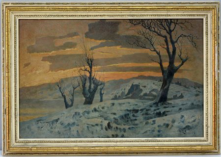 Sigla indecifrata "Alberi innevati al tramonto" 1924, olio su cartone (cm...