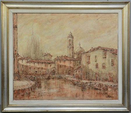 Dario Pollini "Piazza laghetto a Milano" olio su tela (cm 100x120) firmato in...