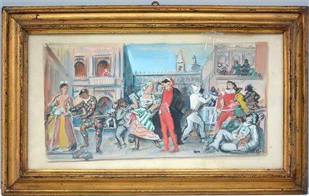 Ignoto, "Carnevale a Venezia" tecnica mista su cartone (cm 32x59) siglato in...