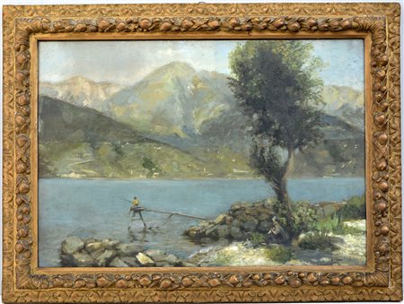 M. Castelli "La pesca in riva al lago" olio su tela (cm 70x100) Firmato in...