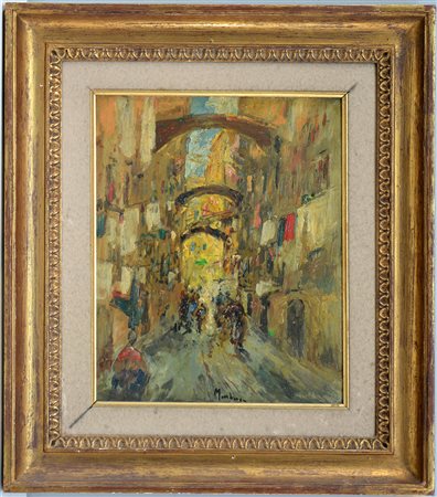 Firma indecifrata, "Scorcio di via con figure" olio su cartone pressato (cm...