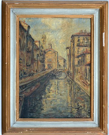 Aldo Da Cortiana (1908) "Naviglio di via Molino delle Armi" olio su cartone...