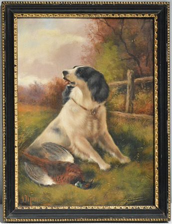 G. Morris "Cane e fagiano" olio su tela (cm 31x23) Firmato in basso a...