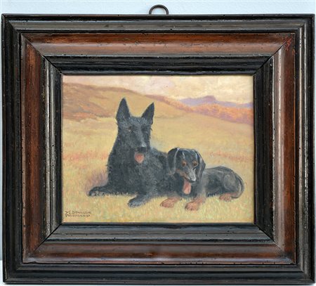 M. Stanger "Cani a riposo" olio su cartone telato (cm 23x30) Firmato in basso...