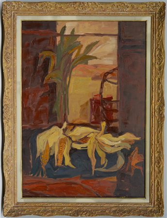 Epifanio Pozzato (Biella 1931) "Interno agreste" olio su tela (cm 100x70)...