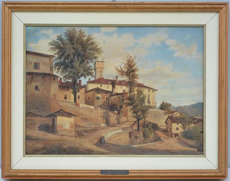 Ignoto, "Scorcio di paese con castello" olio su cartone telato (cm 27x37) in...