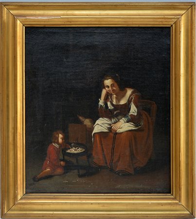 Ignoto ''Madre con bambino in un interno'' olio su tela (cm 47x40,5) in...