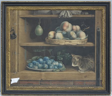 Scuola francese del secolo XIX "Trompe l'oeil raffigurante frutto e gatto in...