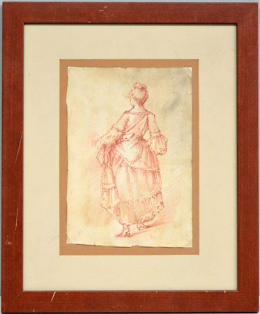 Artista del secolo XIX, "Figura femminile" disegno a matita rossa su carta...