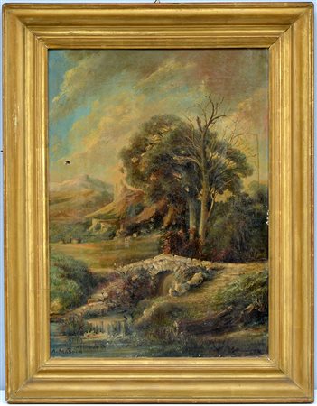 Dipinto del secolo XIX, ''Paesaggio con ruscello'' olio su tela (cm 49x35)...