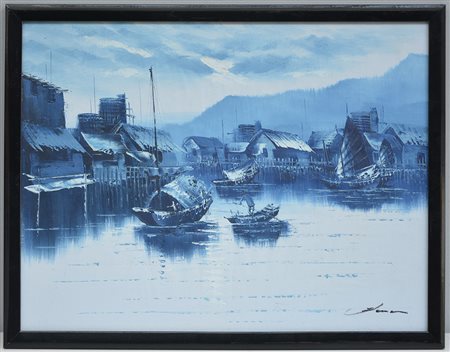 Firma indecifrata, "Porto con pescatori" olio su tela (cm 46x60) firmato in...