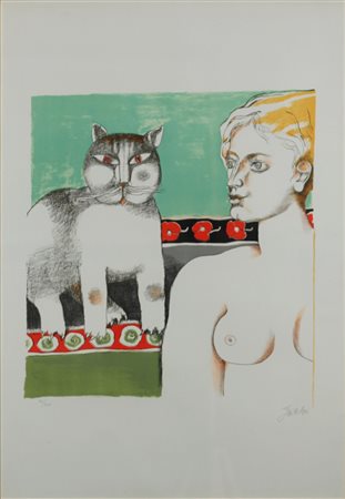 GENTILINI FRANCO (FAENZA 1909 ROMA 1981), Donna con il gatto, Litografia Anni...