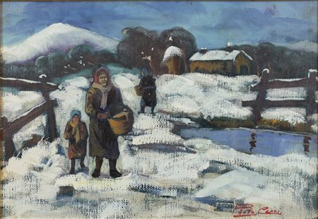 CERRI PAOLO, Sotto la neve, Tecnica mista su tela di iuta Dim. 35x50 Al verso...